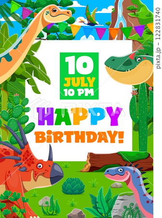 Birthday invite, kids party flyer with funny dinosaurs. Children holiday celebration, birthday invite vector poster or kids party flyer with cute Jurassic dinosaurs cartoon characters in jungle forest 122831740