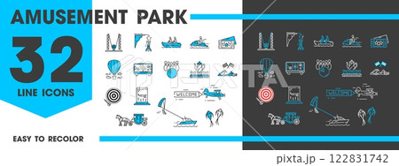 Amusement park line icons of funfair rides or attractions, vector symbols. Amusement park carousels, entrance tickets and hot air balloon with kites and bowling or karting races and wind tunnel 122831742