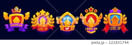 Level up ui game medal reward, rate icons or badges depicting user achievements with upward arrows, stars, ribbons and crown symbols. Vector award, winning trophy, ranks signify progress and success 122831744