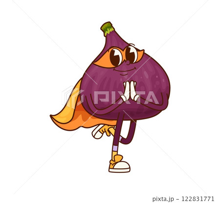 Groovy superhero fig fruit character with a purple body, orange cape, mask, and a confident pose in yoga like stance. Isolated cartoon vector playful funky y2k personage focused on health and balance 122831771