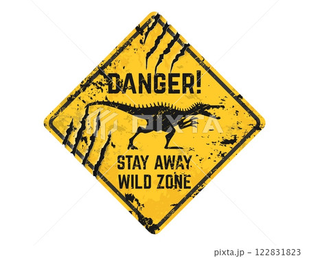 Spinosaurus dinosaur warning grunge metal sign board with claw scratches, vector banner. Danger zone caution yellow sign with roaring dinosaur or Jurassic predator lizard reptile for warning signboard 122831823