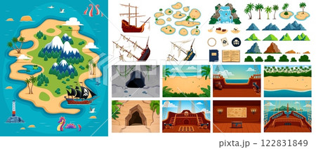 Pirate game assets with sunken ships, tropical treasure island, ship deck and landscape details. Pirate game vector elements and assets set, cartoon treasure map, chest, buccaneer cave and black spot 122831849