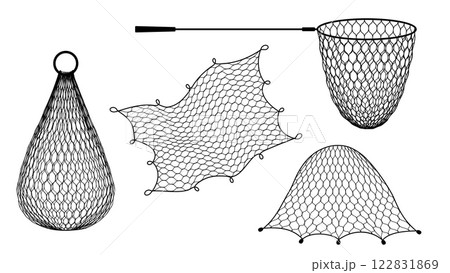 Isolated fishing net, trap and trawl or fish tank and seine, vector fisherman equipment. Fishery gillnet or gill and fish trap, bottom net seine or trammel fishnet with hoop net and fish cage catcher Isolated fishing net, trap and trawl or fish tank and seine, vector fisherman equipment. Fishery gillnet or gill and fish trap, bottom net seine or trammel fishnet with hoop net and fish cage catcher 122831869