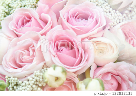 Pink roses background. rose petals, abstract romance background, pastel and soft flower card. Wedding card, Valentine. classic bride's bouquet. Soft selective focus. 122832133