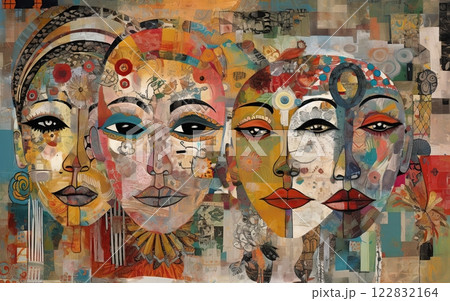 Abstract collage that celebrates the beauty and diversity of humanity. Variety of people from different ethnicities, cultures, ages and genders. Generative Ai 122832164