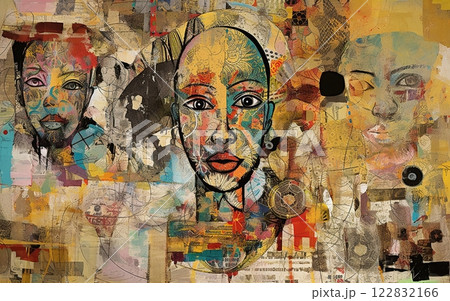 Abstract collage that celebrates the beauty and diversity of humanity. Variety of people from different ethnicities, cultures, ages and genders. Generative Ai 122832166