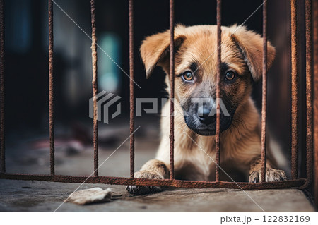 Dog puppy behind bars in animal shelter. Abandoned animals. Generative Ai 122832169