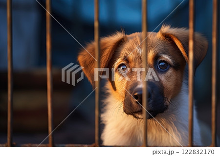 Dog puppy behind bars in animal shelter. Abandoned animals. Generative Ai 122832170