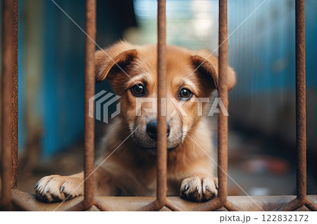 Dog puppy behind bars in animal shelter. Abandoned animals. Generative Ai 122832172