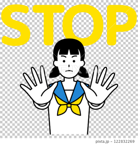 A female student puts both hands in front of her and says STOP 122832269