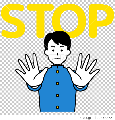 A male student puts both hands in front of him and says STOP A male student puts both hands in front of him and says STOP 122832272