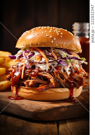 Pulled pork sandwich with Coleslaw in the kitchen. Ai Generative 122832347