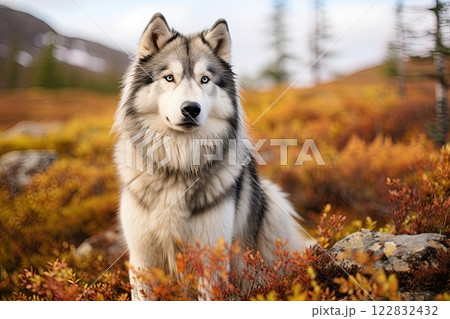 Alaskan Malamute dog in alaskan wilderness. Generative Ai 122832432