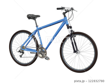 Blue bicycle, side front view. Black leather saddle and handles. Png clipart isolated on transparent background Blue bicycle, side front view. Black leather saddle and handles. Png clipart isolated on transparent background 122832780