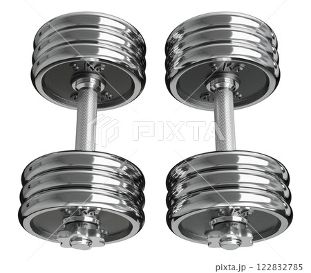 Pair of chrome adjustable dumbbells, weightlifting gym equipment, side view. Png clipart isolated on transparent background 122832785