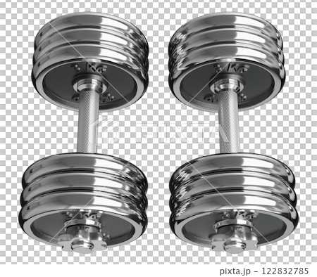 Pair of chrome adjustable dumbbells, weightlifting gym equipment, side view. Png clipart isolated on transparent background 122832785