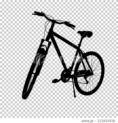 Black bicycle standing while leaning on kickstand, top view. Bike resting on kick stand. Png clipart isolated on transparent background Black bicycle standing while leaning on kickstand, top view. Bike resting on kick stand. Png clipart isolated on transparent background 122832816