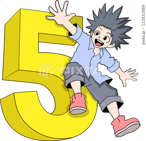 Energetic Cartoon Mascot Boy Sitting on Large Yellow Number Five 122832989