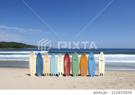 A row of surfboards are lined up on a beach 122833029