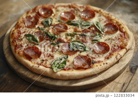 A pepperoni pizza with basil on top 122833034