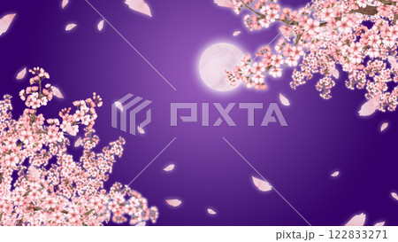 桜の花びらが舞い散る満月の夜の夜桜 122833271