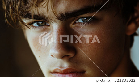 Young man with a beard and brown hair is staring at the camera. He has a serious expression on his face Young man with a beard and brown hair is staring at the camera. He has a serious expression on his face 122833922
