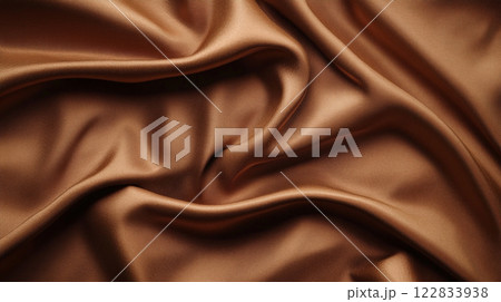 Piece of brown fabric with a pattern on it. The fabric is folded and has a smooth texture Piece of brown fabric with a pattern on it. The fabric is folded and has a smooth texture 122833938