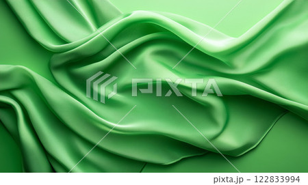 Green piece of fabric with a pattern on it. The fabric is folded and has a smooth texture 122833994
