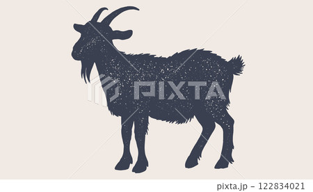 Goat. Hand drawn silhouette. Vintage retro print, black white goat drawing, sketch ink pencil draw style. Sketch artwork silhouette goat. Side view profile goat. Vector Illustration 122834021