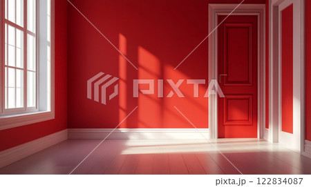 Red room with a white door and white trim. The room is empty and has a lot of natural light coming in through the windows 122834087