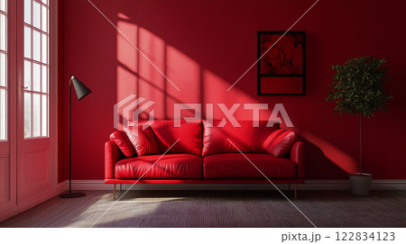 Red couch is sitting in a room with a red wall and a green plant. The room is bright and inviting, with a window letting in natural light. The couch is positioned in front of a window Red couch is sitting in a room with a red wall and a green plant. The room is bright and inviting, with a window letting in natural light. The couch is positioned in front of a window 122834123