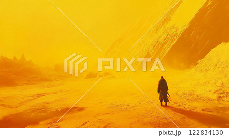 Man is walking through a desert with a yellow...のイラスト素材 [122834130] - PIXTA