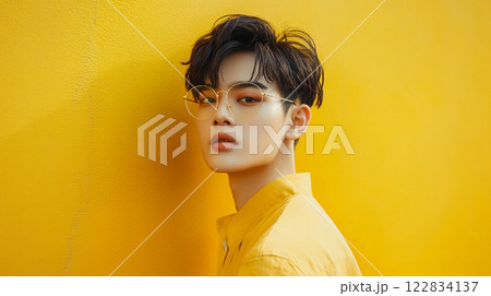 Young man in a yellow shirt stands in front of a yellow wall. He is wearing glasses and has a serious expression on his face 122834137
