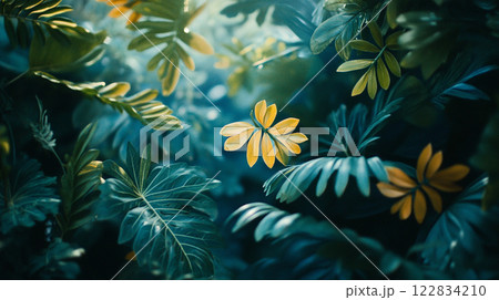 Lush green forest with a yellow leaf in the middle. The leaf is surrounded by many other leaves, creating a vibrant and lively atmosphere 122834210