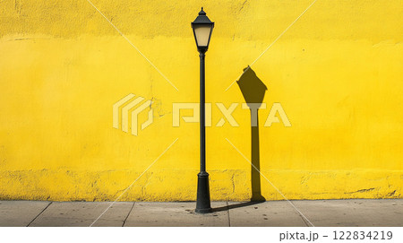 Street lamp casts a shadow on a yellow wall. The light is on the left side of the lamp post Street lamp casts a shadow on a yellow wall. The light is on the left side of the lamp post 122834219