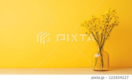 Vase of yellow flowers sits on a table in front of a yellow wall. The vase is filled with yellow flowers 122834227