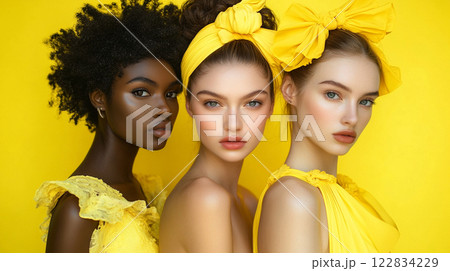 Three women in yellow dresses pose for a photo. The women are of different skin tones, with one being black and the other two being white 122834229