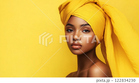 Woman with a yellow scarf on her head. She has a very nice smile 122834230