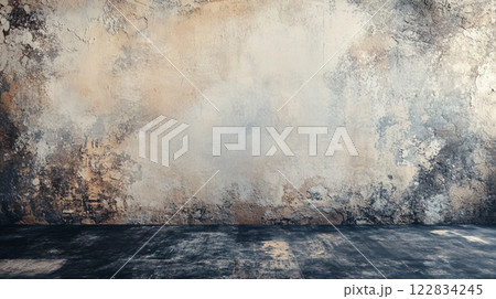 Wall with a lot of cracks and holes. The wall is white and has a lot of texture 122834245