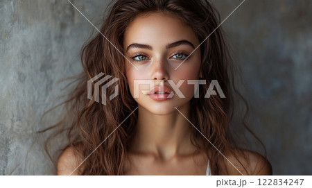 Woman with long brown hair and blue eyes. She is wearing a white tank top and has a pinkish tint to her lips Woman with long brown hair and blue eyes. She is wearing a white tank top and has a pinkish tint to her lips 122834247