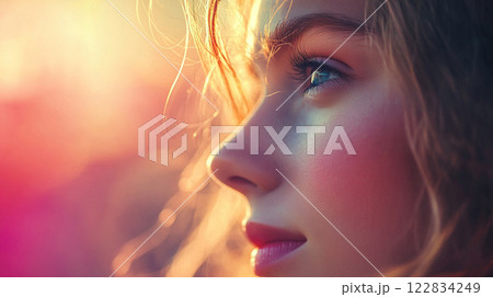 Woman with long hair and a bright smile. The image has a warm, sunny feel to it 122834249