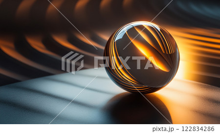 Shiny, round object is sitting on a dark surface. The object is illuminated by a light source, creating a warm and inviting atmosphere. Concept of calm and relaxation 122834286