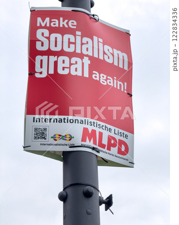 Berlin, Germany - January 14, 2025: Political campaign poster of the German political party MLPD Marxistisch Leninistische Partei Deutschlands (Marxist Leninist Party of Germany) Berlin, Germany - January 14, 2025: Political campaign poster of the German political party MLPD Marxistisch Leninistische Partei Deutschlands (Marxist Leninist Party of Germany) 122834336