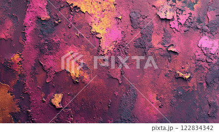 Wall with a lot of paint splatters and a pinkish purple color. The wall has a lot of texture and he is a bit rough 122834342