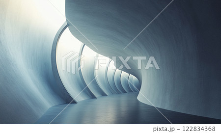 Long, narrow tunnel with a white light shining through the ceiling. The tunnel is made of concrete and he is empty Long, narrow tunnel with a white light shining through the ceiling. The tunnel is made of concrete and he is empty 122834368