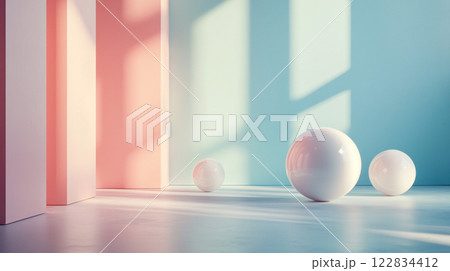 Room with a pink wall and a blue wall. There are three white balls in the room 122834412