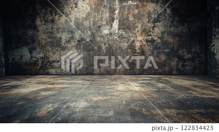 Large, empty room with a wall that is covered in graffiti. The room is bare and has a sense of emptiness 122834423