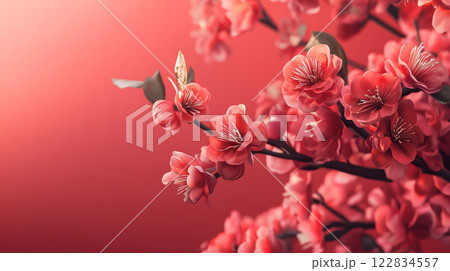 Close up of a red flower with a red background. The flower is the main focus of the image, and it is a cherry blossom Close up of a red flower with a red background. The flower is the main focus of the image, and it is a cherry blossom 122834557