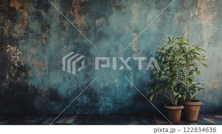Wall with a plant in a pot. The wall is blue and has a lot of texture 122834636