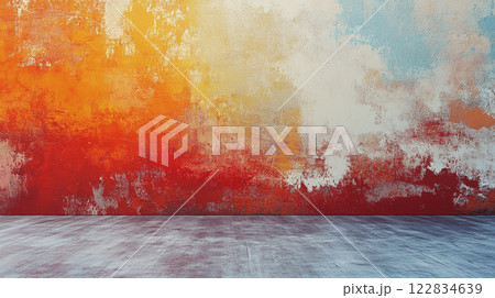Wall with a colorful painting of a sunset. The painting is full of orange, red, and yellow colors. The wall is empty, with no furniture or decorations. The painting gives a sense of warmth 122834639
